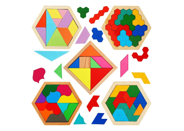 Paquete De 5 Rompecabezas De Madera Tangram Y Hexágono